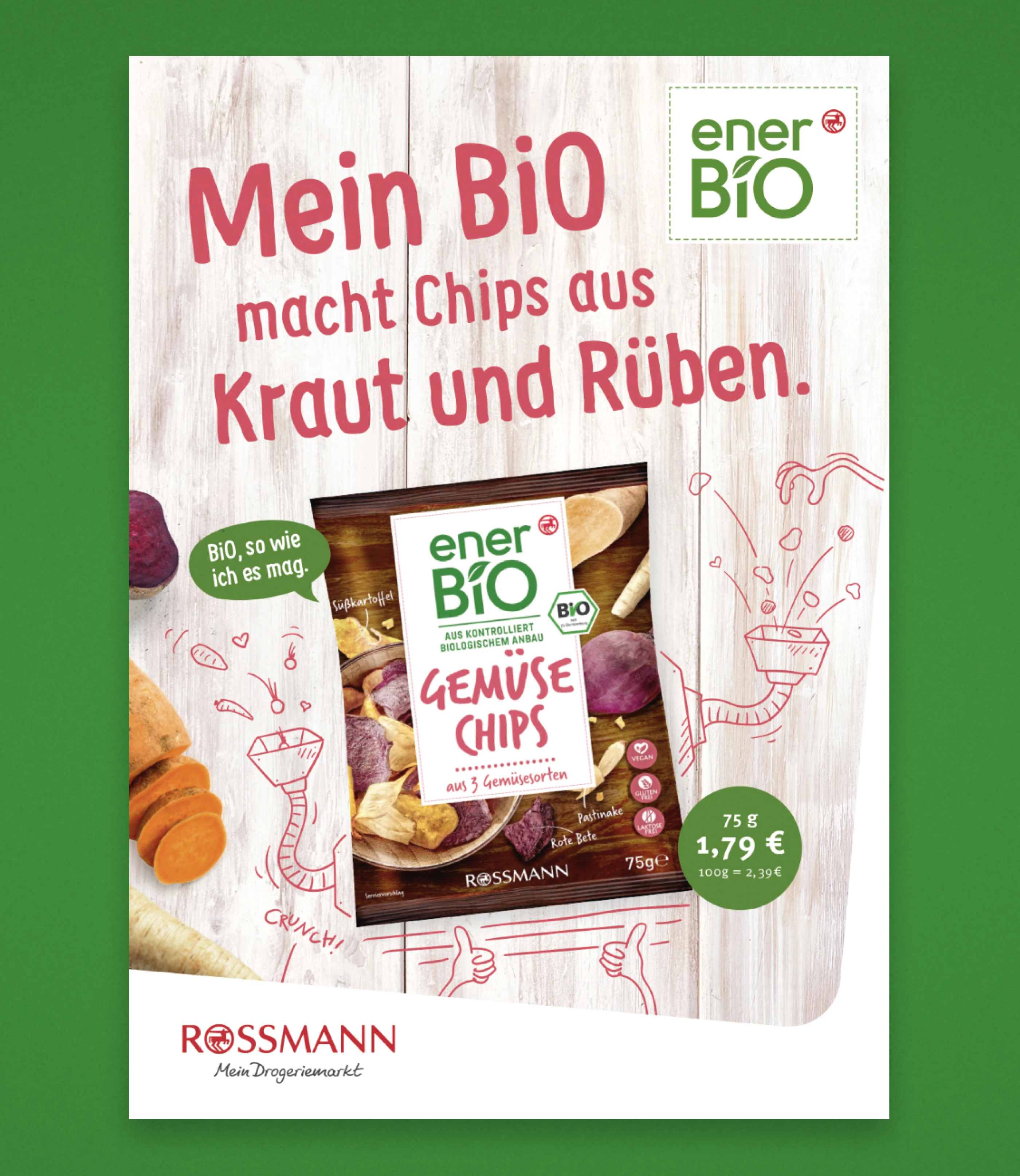 Eine Werbeanzeige für enerBIO Gemüsechips aus Kraut und Rüben. Optisch ansprechendes Design mit bunten Chips und Textinformationen zu den Zutaten und Preisen.
