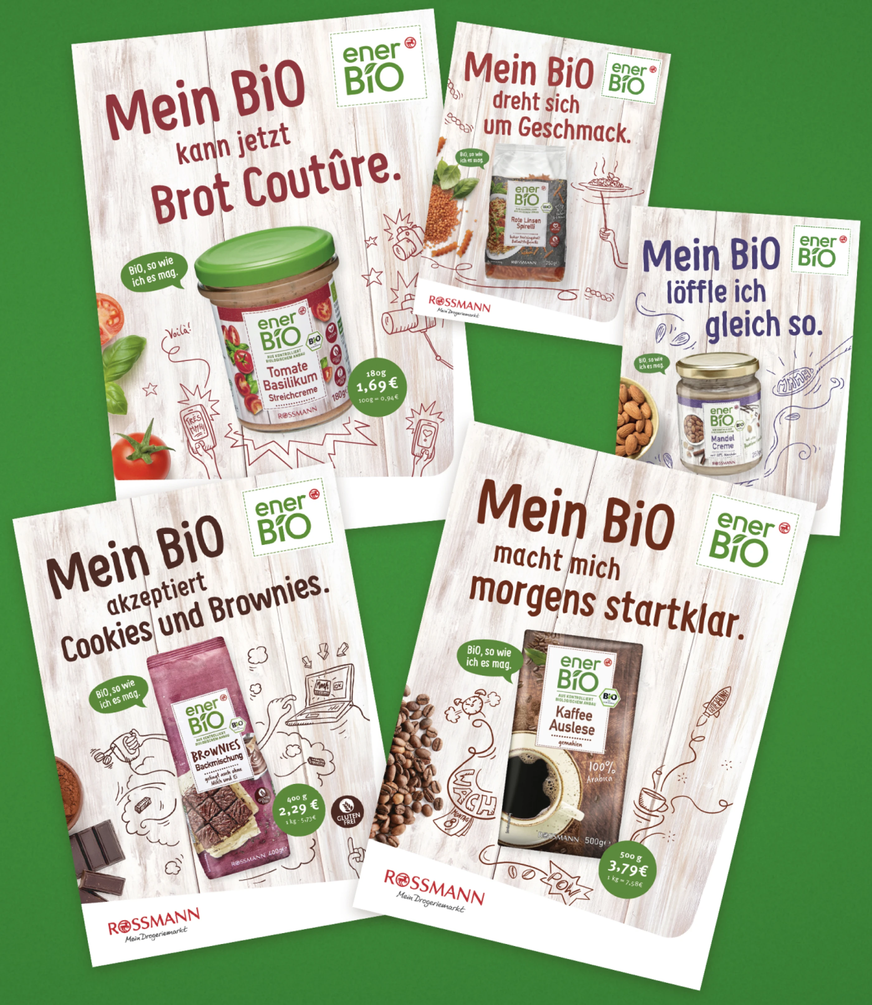 Verschiedene Werbeanzeigen für die Marke "enerBiO" von Rossmann. Die Anzeigen bewerben Produkte wie Tomaten-Basilikum, Brownies und Kaffee sowie deren Preise. Der Hintergrund ist grün.