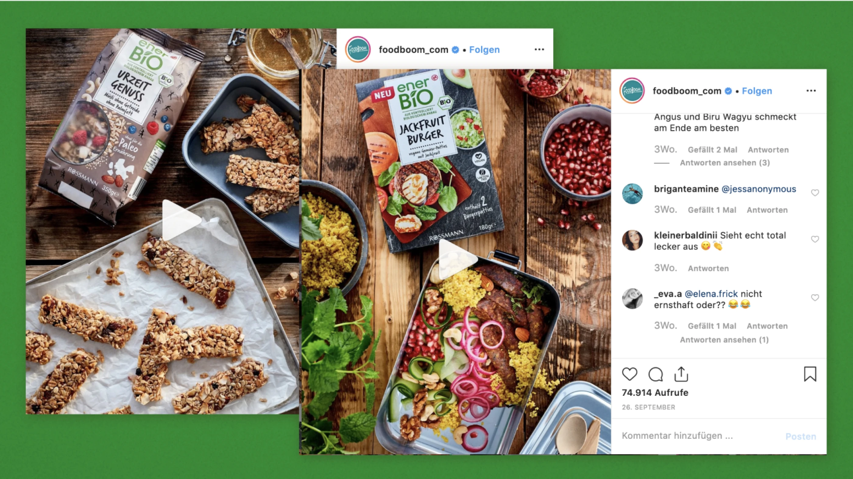 Zwei Screenshots von Social-Media-Posts von enerBio auf einem grünen Hintergrund. Im linken Bereich der Posts sind Videos zu sehen, rechts die Kommentare dazu. Im ersten Post sind Müsliriegel zu sehen, im Zweiten das Produkt "Jackfruit-Burger".