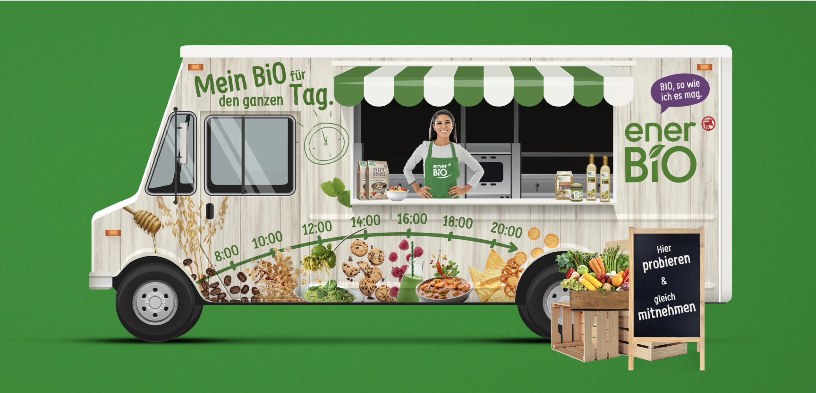 Ein Entwurf von einem Bio-Food-Truck mit einer bunten Gestaltung für enerBio. Eine Frau in einem grüner enerBio-Schürue steht an der Theke, umgeben von Produkten von enerBio. Der Truck wirbt mit dem Slogan "Mein BiO für den ganzen Tag".