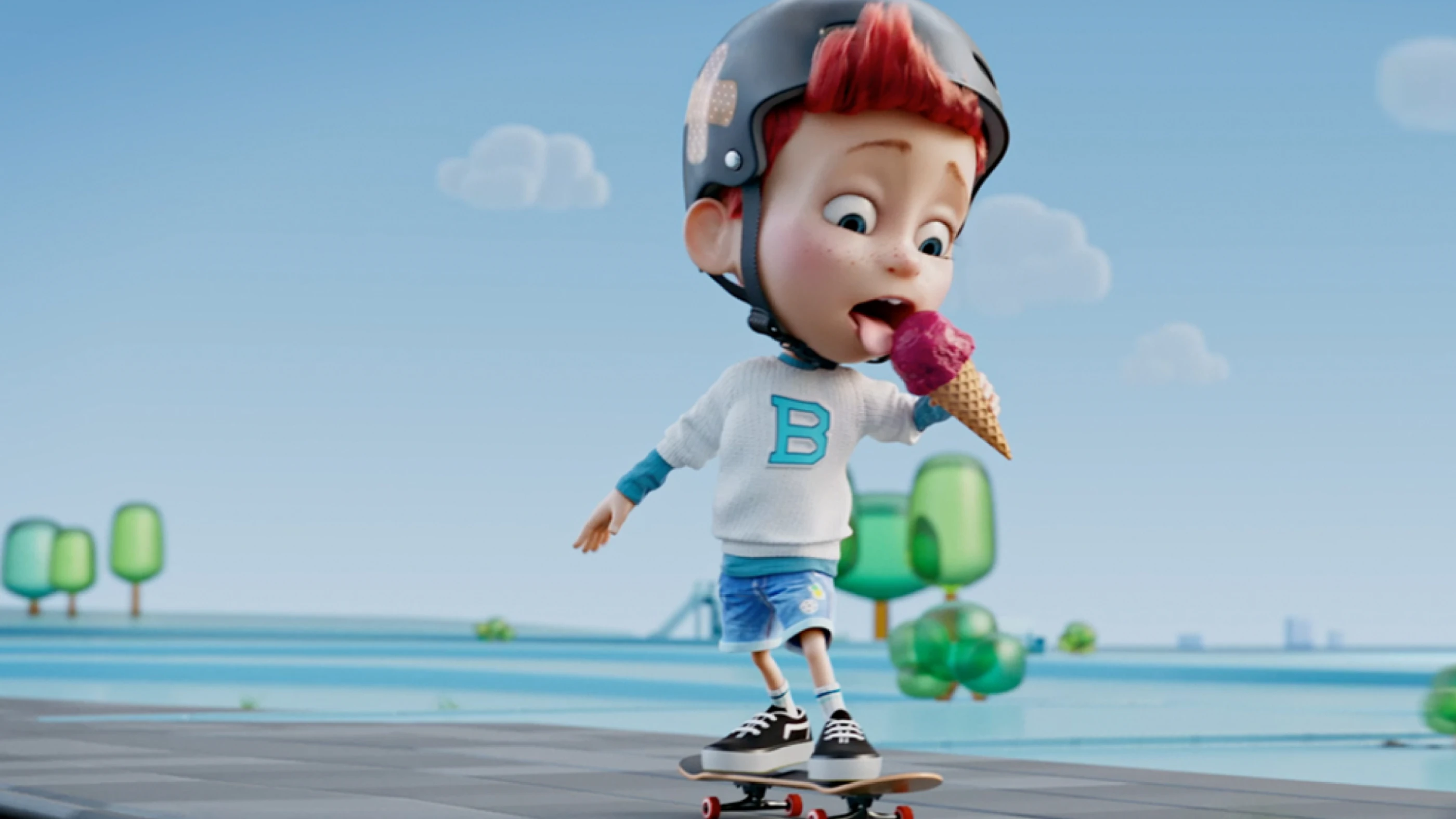 Ein junger, animierter Junge mit rotem Haar und einem Helm fährt auf einem Skateboard und genießt ein Eis. Er trägt ein weißes Sweatshirt mit einem "B" und kurze Jeans. Im Hintergrund sind grüne Bäume und ein