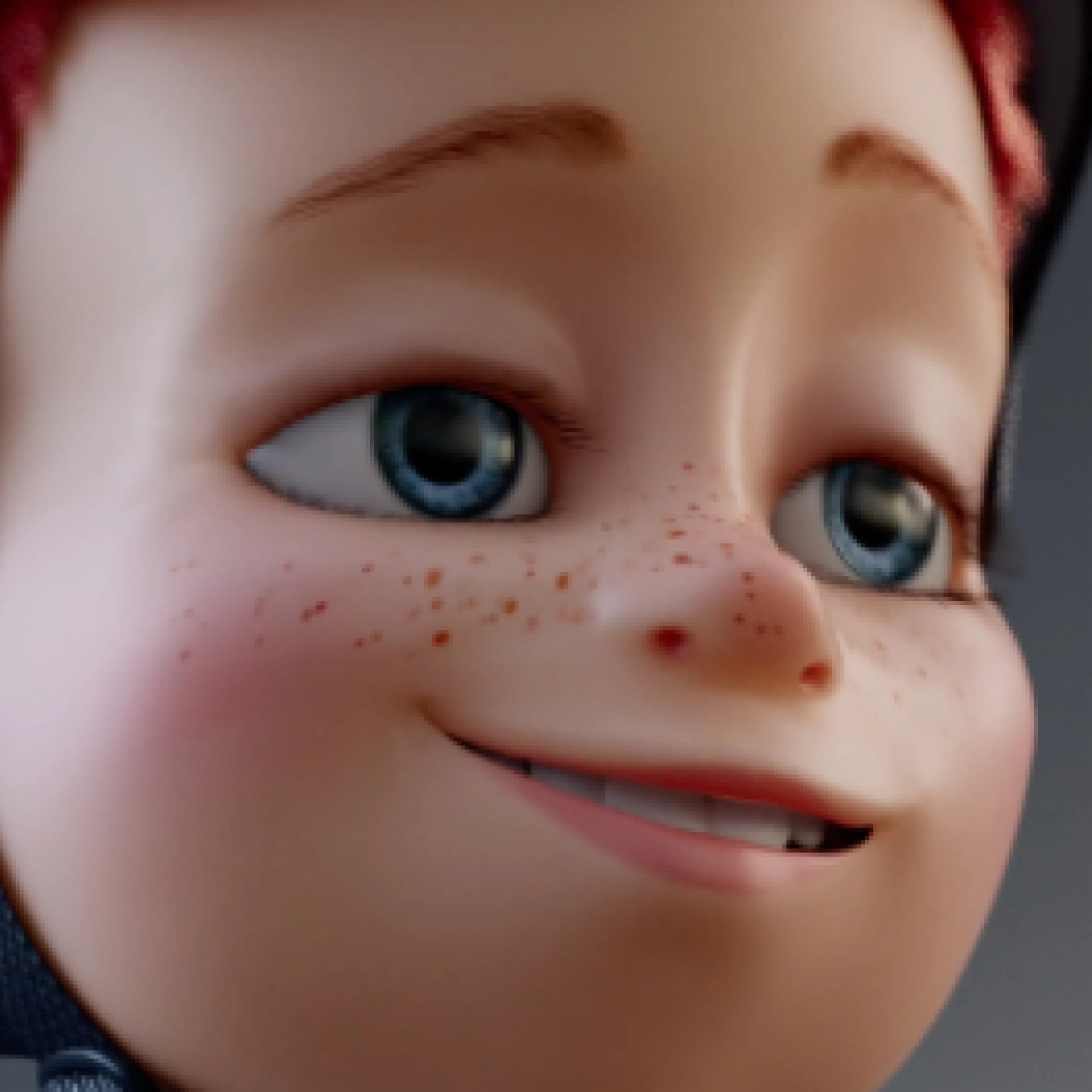 Ein fröhlicher animierter Charakter mit roten Haaren und Sommersprossen, der freundlich lächelt. Die Augen sind groß und ausdrucksvoll, mit einem spielerischen Glanz.