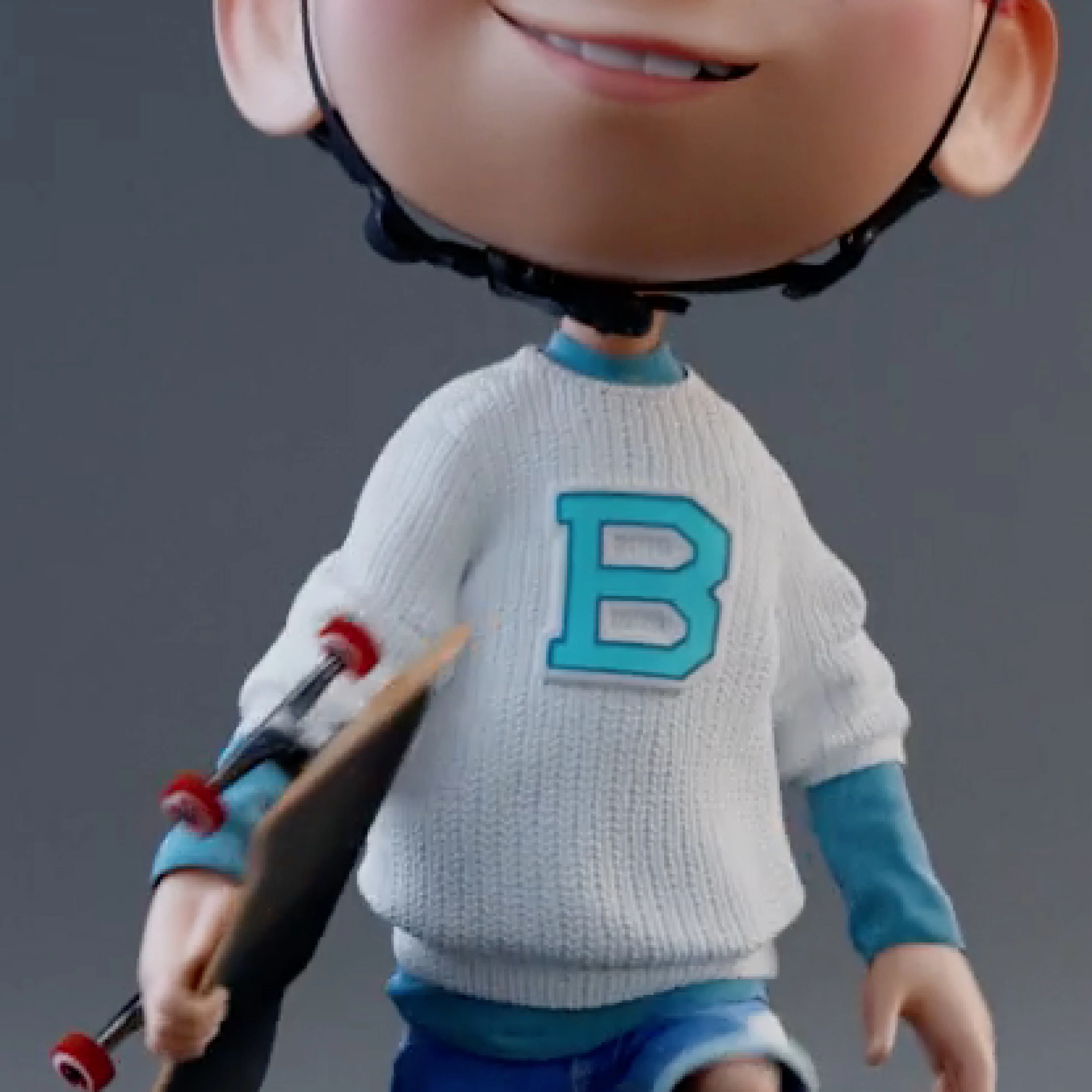 Ein animierter Charakter mit einem Helm und einem Skateboard in der Hand trägt einen weißen Pullover mit einem blauen Buchstaben "B" darauf. Er hat ein fröhliches Lächeln und trägt kurze Hosen.