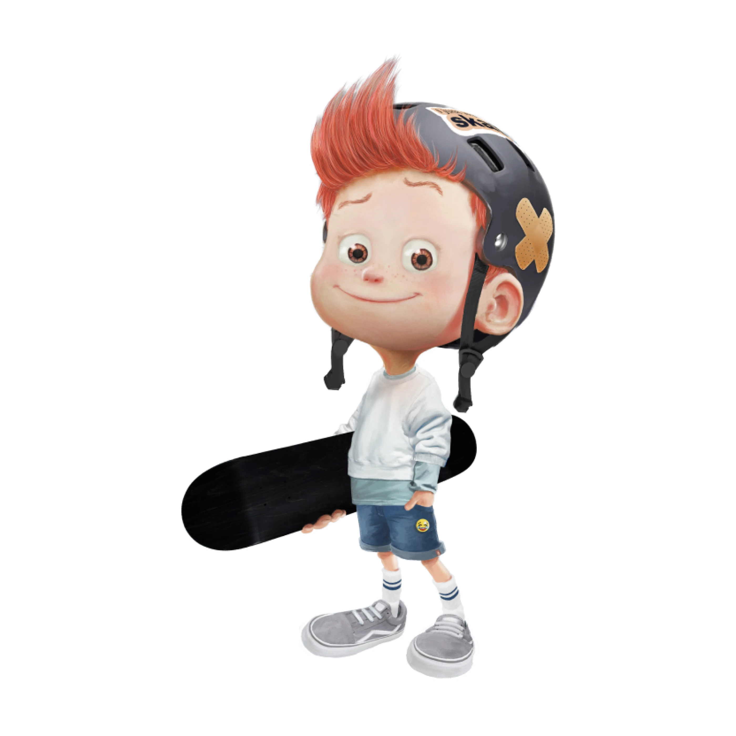 Ein fröhlicher, cartoonartiger Junge mit rot gefärbtem Haar trägt einen Helm und hält ein Skateboard. Er trägt ein graues Sweatshirt, kurze Jeans und Sneakers.