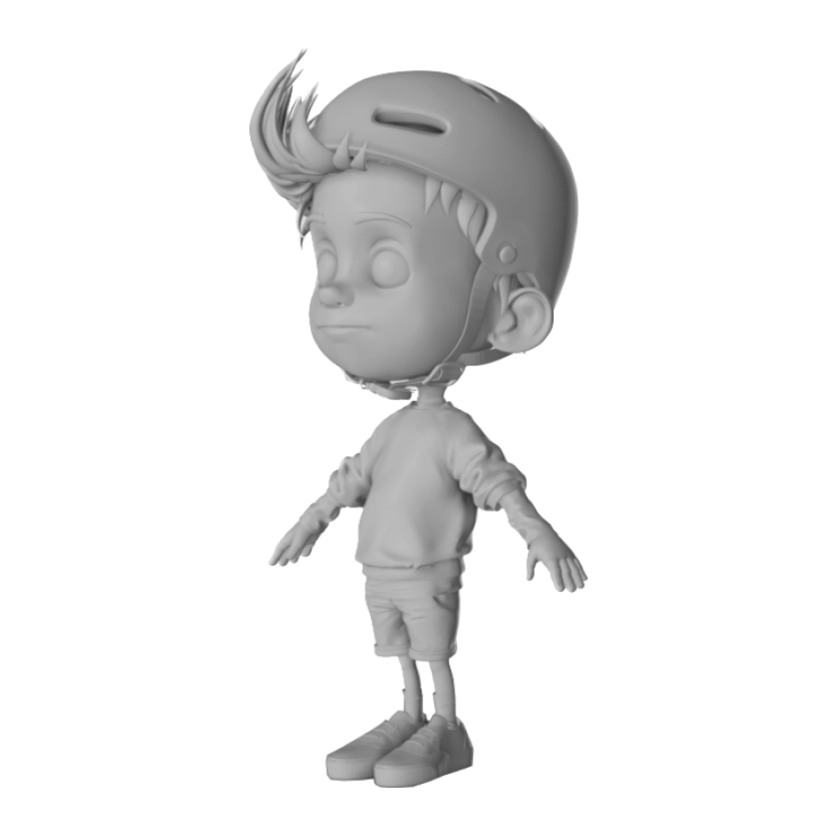 Ein graues 3D-Modell eines cartoonhaften Jungen mit Helm. Er trägt ein Sweatshirt, Shorts und Sneakers. Der Junge hat eine aufrechte Körperhaltung und einen freundlichen Gesichtsausdruck.
