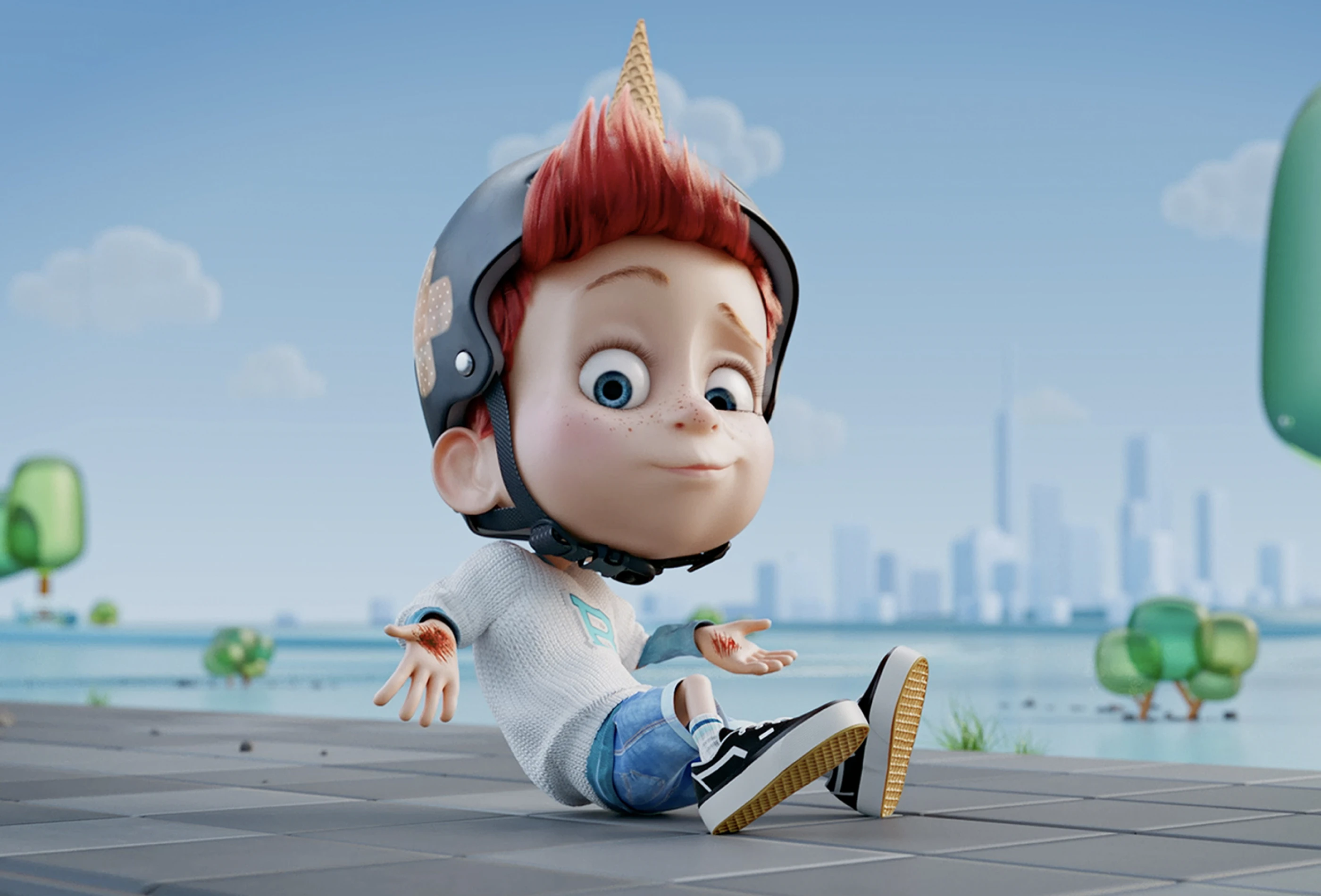 Ein animierter Junge mit rotem Haar und einem Einhorn-Horn auf dem Kopf sitzt auf einem Gehweg. Er trägt einen Helm, ein weißes Sweatshirt und Jeans. Der Hintergrund zeigt eine futuristische Stadt mit Wasser und Bäumen.