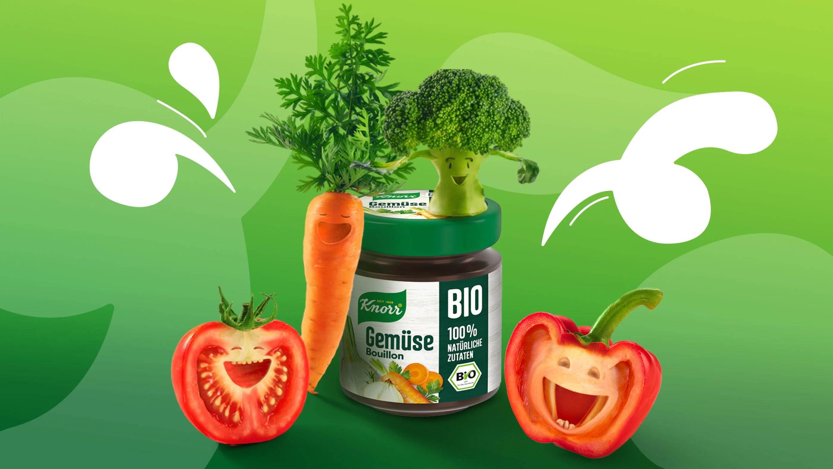 Ein Glas Knorr Bio Gemüsebrühe steht zwischen frischem Gemüse wie Karotten, Brokkoli und Tomaten mit lächelnden Gesichtern. Der Hintergrund ist grün mit stylisierten, weißen Spritzern.