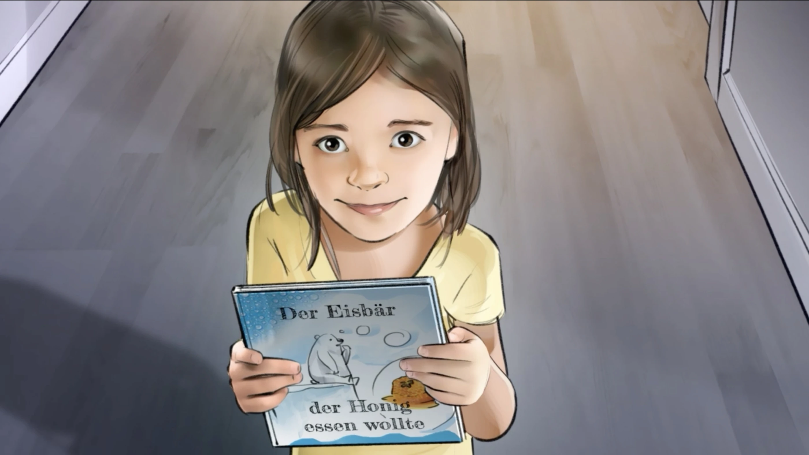 Ein Storyboard-Scribble: Ein Mädchen hält ein Buch mit dem Titel "Der Eisbär, der Honig essen wollte" und schaut lächelnd in die Kamera. Der Boden ist hell.