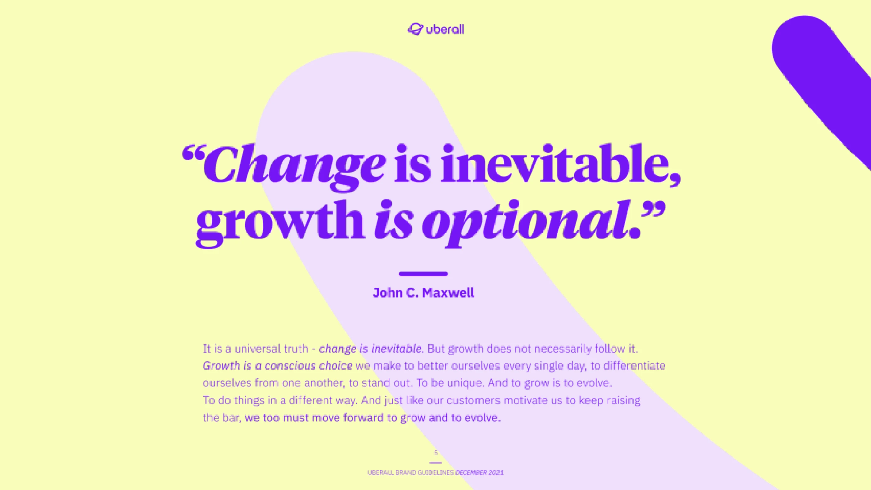 Ein Chart einer Prästentation mit dem Zitat von John C. Maxwell: "Veränderung ist unvermeidlich, Wachstum ist optional." Bunter Hintergrund in Gelb und Lila mit inspirierendem Text und Erklärung zur Bedeutung von Wachstum und Veränderung.