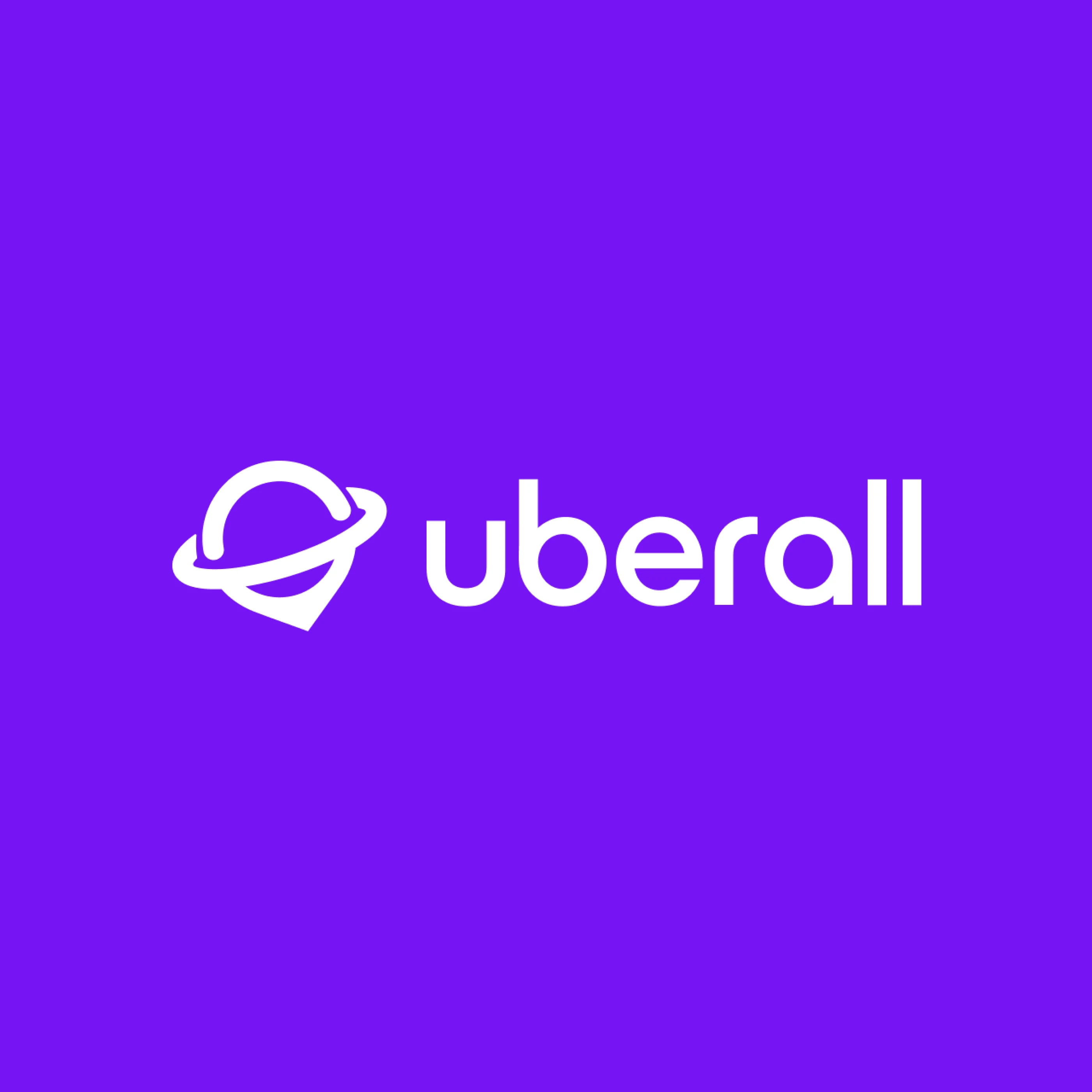 Logo von uberall auf lila Hintergrund, mit einem stilisierten Planeten und Schriftzug.
