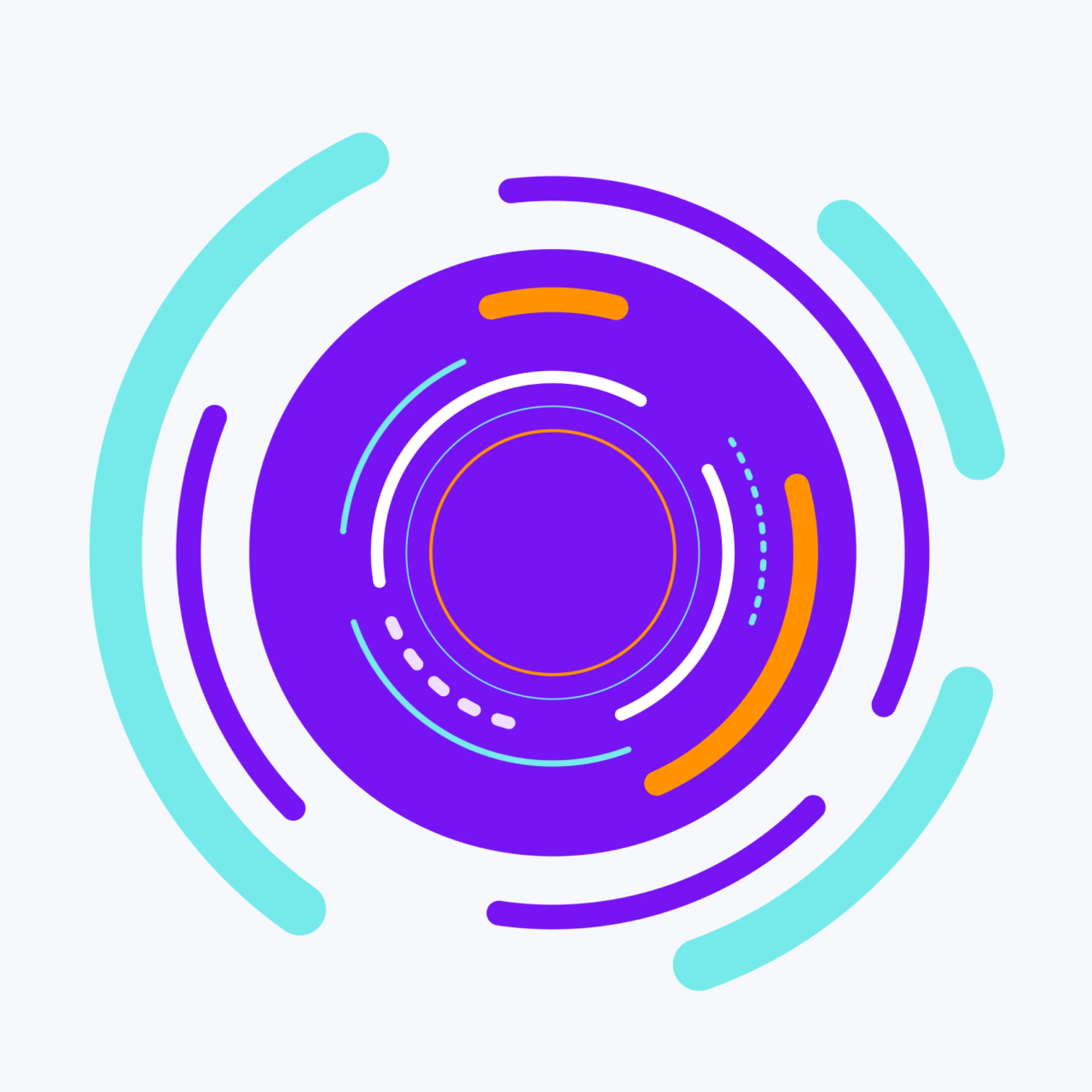 Vibrant geometrische Grafik in lila und türkis mit kreisförmigen Elementen und dynamischen Linien.