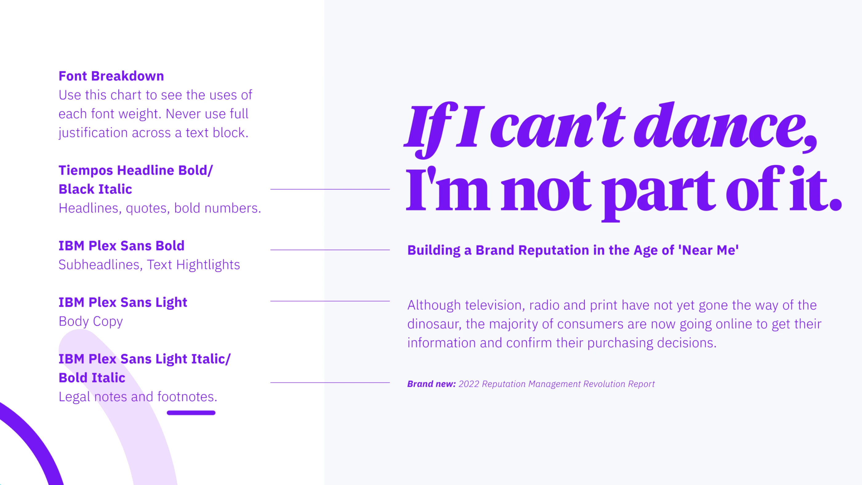 Ein Chart einer Prästentation über Grafik mit Text und typografischen Beispielen. Es wird erklärt, wie verschiedene Schriftarten in Layouts verwendet werden. Der zentrale Satz lautet: "If I can't dance, I'm not part of it."